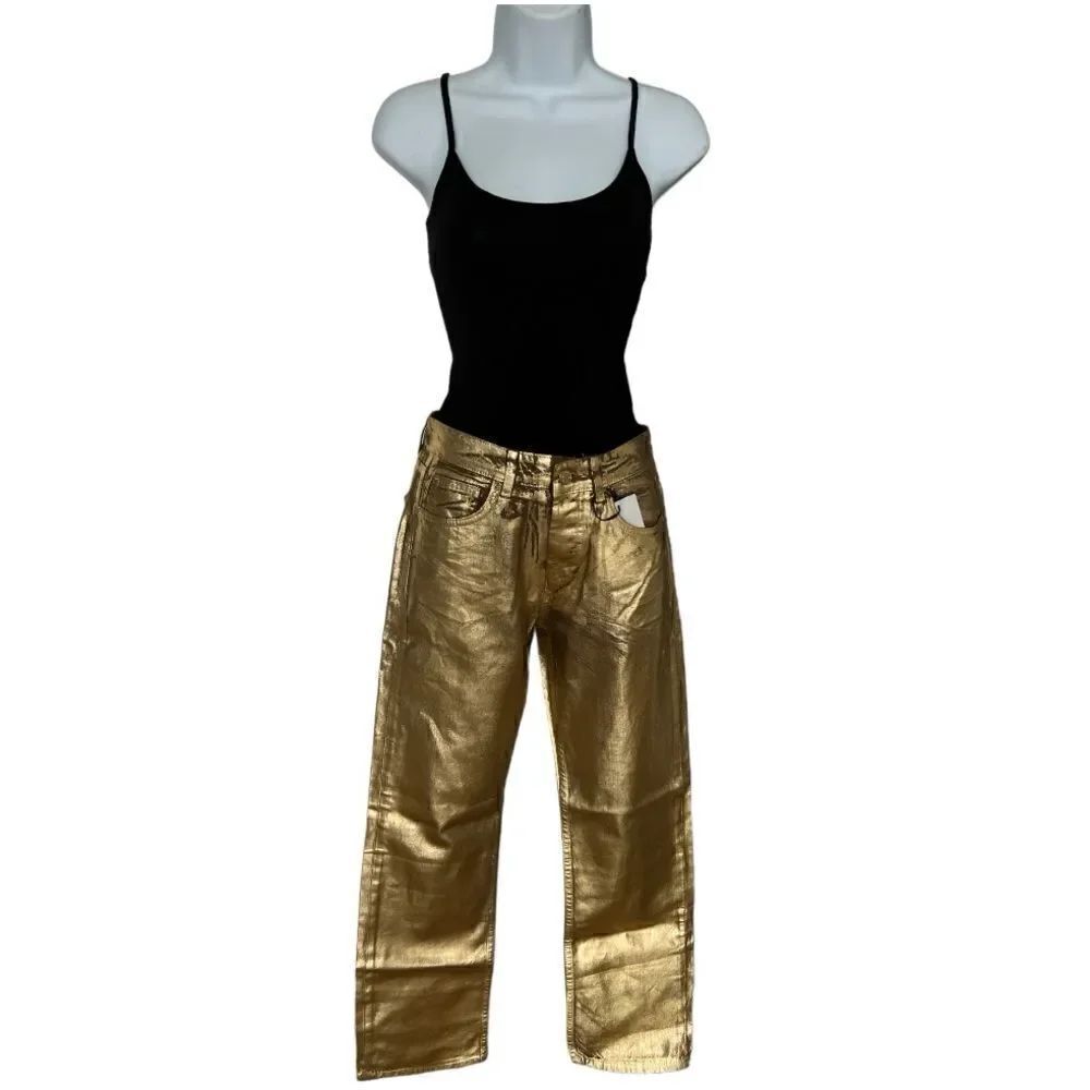 STRADIVARIUS Straight Fit Pants Jeans Coated In Gold Color Cotton Size 2.